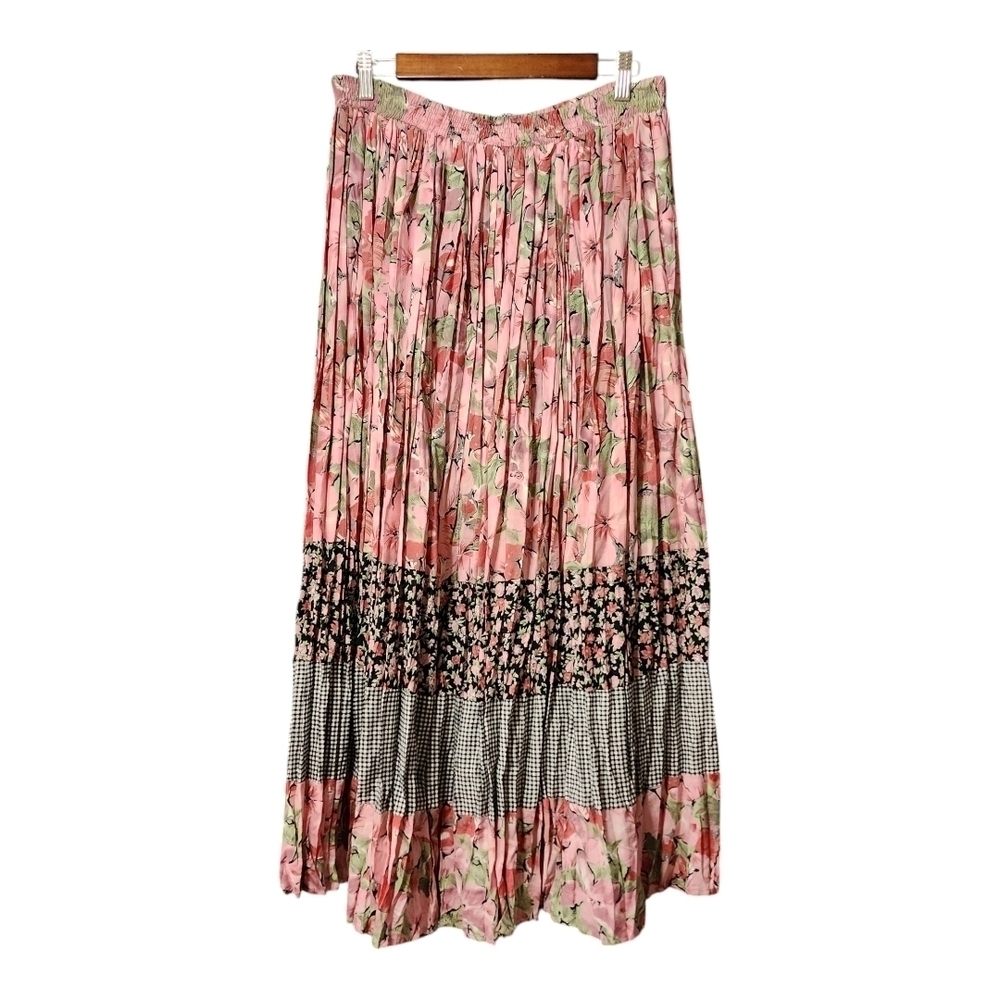Vintage Kathie Lee Collection Pink Floral Boho Checkered Maxi Skirt M L - Picture 3 of 7